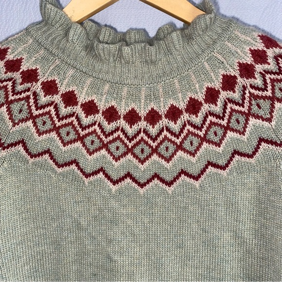 Cyrillus Paris Sage Green Wool Blend Ruffled Neck Knit Sweater Dress, Size Large - Picture 2 of 9